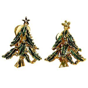 Vintage 1980s Roman Christmas Tree Clip-On Earrings Gold-Tone Enamel Holidays